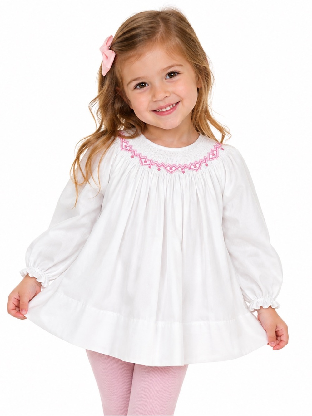 Cecil and Lou White Smocked Long-Sleeve Kids  Top with Pink Detail
